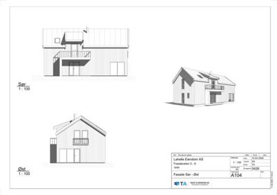 Fasadetegning som viser bygningens utseende fra tre ulike vinkler (Sør, Øst og en 3D-visualisering).