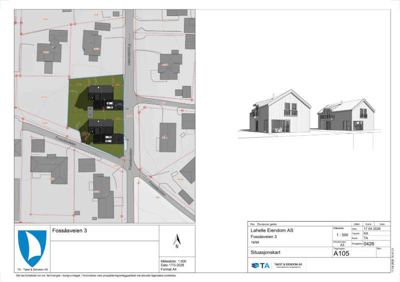 Situasjonskart som viser tomtens beliggenhet i forhold til nabolag, veier og eksisterende bygninger.