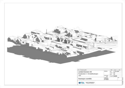 3D-visualisering (områdetegning) av et boligområde med hus, veier og skygger.