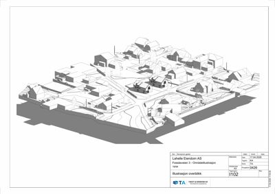 3D-visualisering (rendering) som viser et overblikk over et boligområde med flere hus, veier og terrengform.