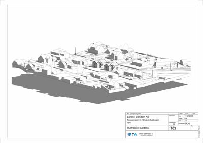 3D-visualisering (områdetegning) av et boligområde med hus, veier og skygger.