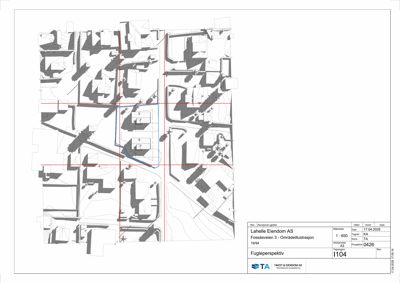 Fugleperspektiv (områdillustrasjon) som viser bygningens plassering i forhold til omgivelsene.
