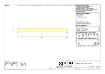Tegning som viser et tverrsnitt av en konstruksjonsdel (takstol) med dimensjoner, belastninger og tekniske opplysninger.