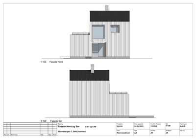Tegning som viser fasaden sett fra Nord og Sør.