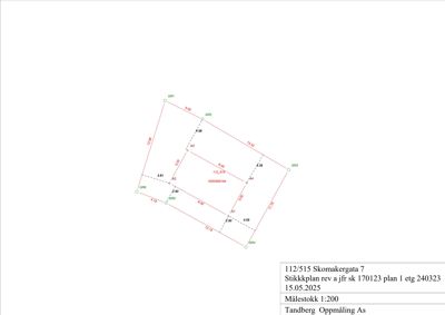 Et stikkplan (måleplan) som viser romfordeling og mål for et plan i en bygning.
