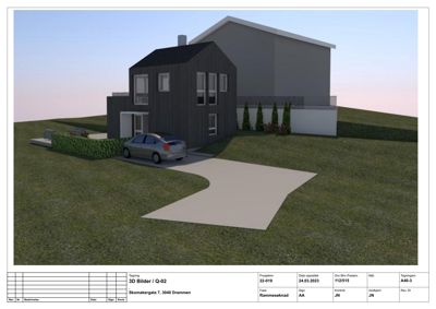 3D-visualisering av et planlagt hus med omgivelser, inkludert kjøresti og beplantning.