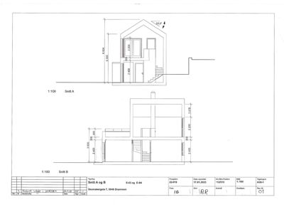 Tegningen viser to snittegninger (Snitt A og Snitt B) av en bolig, med mål og romfordeling.