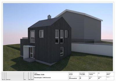 3D-visualisering av en planlagt bolig med mørk fasade og tilstøtende bygning.