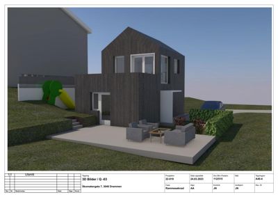 3D-visualisering av en planlagt bolig med utendørs terrasse og hageinredning.