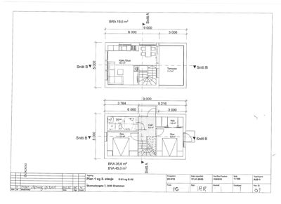 Plantegning som viser romfordeling for 1. og 2. etasje med mål og areal.