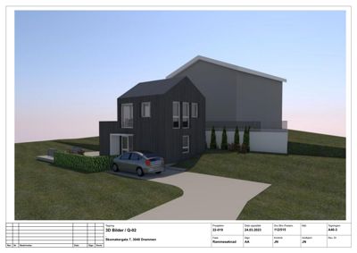 3D-visualisering av et planlagt hus med omgivelser, inkludert bil og hage.