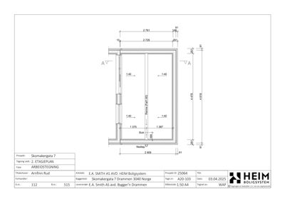 Etasjeplan (2. ETASJEPLAN) som viser romfordeling, mål og tekniske løsninger som 'Renne' og 'Sluk'.