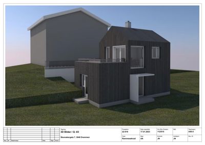 3D-visualisering av en planlagt bolig med moderne fasade og tilhørende bygning.