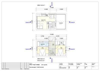 Plantegning som viser romfordeling og mål for 1. og 2. etasje.