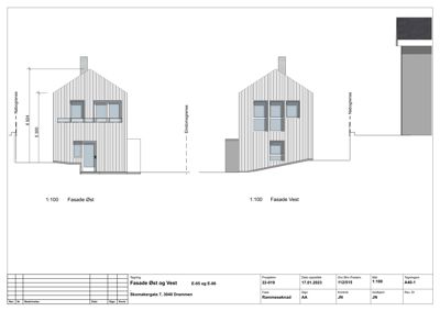 Tegning som viser fasade Øst og fasade Vest for en bygning, inkludert mål og nabogrenser.