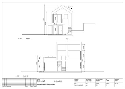 Tegningen viser to snittegninger (Snitt A og Snitt B) av en bolig, med mål og romfordeling.