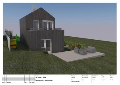 3D-visualisering av en planlagt bolig med utendørsområde.