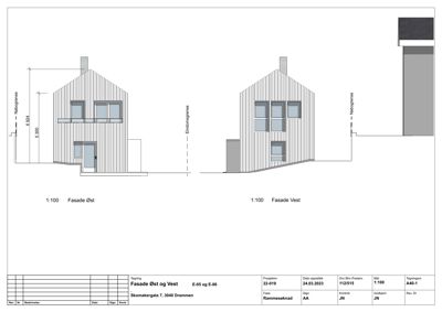 Tegning som viser fasade Øst og fasade Vest for en bygning, inkludert mål og nabogrenser.