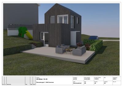 3D-visualisering av en planlagt bolig med utendørs terrasse og hage.