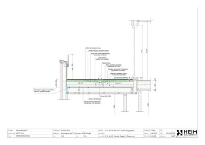 Snittegning som viser detaljert oppbygning av takkonstruksjon, inkludert isolasjon, dampsperrer og takbelegg.