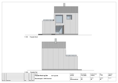 Tegning som viser fasaden sett fra Nord og Sør.