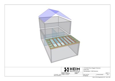 3D-visualisering av en byggekonstruksjon som viser etasjeskillinger, takkonstruksjon og gulvbjelker.