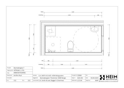 Etasjeplan for et våtrom (bad) på 1. etasje, med romfordeling og mål.