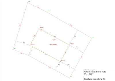Innmålingsplan (as-built) som viser romfordeling og mål på et støpt plate-gulv.
