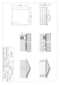 Fasadetegning som viser bygningens utseende fra fire ulike vinkler (front, side, og to perspektiver), med mål og detaljer om tak og vinduer.