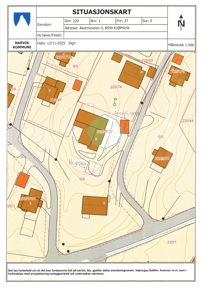 Situasjonskart som viser eiendomsnummer, adresse, naboeiendommer, topografi og anleggsforhold for Akermoveien 3 i Kjøpsvik.