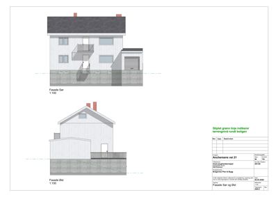 Fasadetegning som viser bygningens utseende sett fra sør og øst.