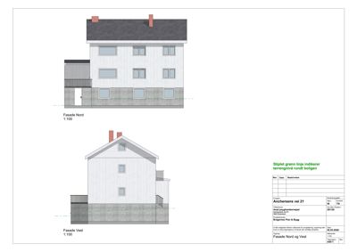 Bildet viser fasadetegninger for en bolig på Anchersens vei 21. Det er to tegninger: 'Fasade Nord' og 'Fasade Vest', begge med målestokk 1:100. Tegningene illustrerer bygningens utseende sett fra utsiden.