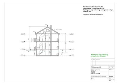 Snittegning som viser bygningens tverrsnitt, høyder og konstruksjon.