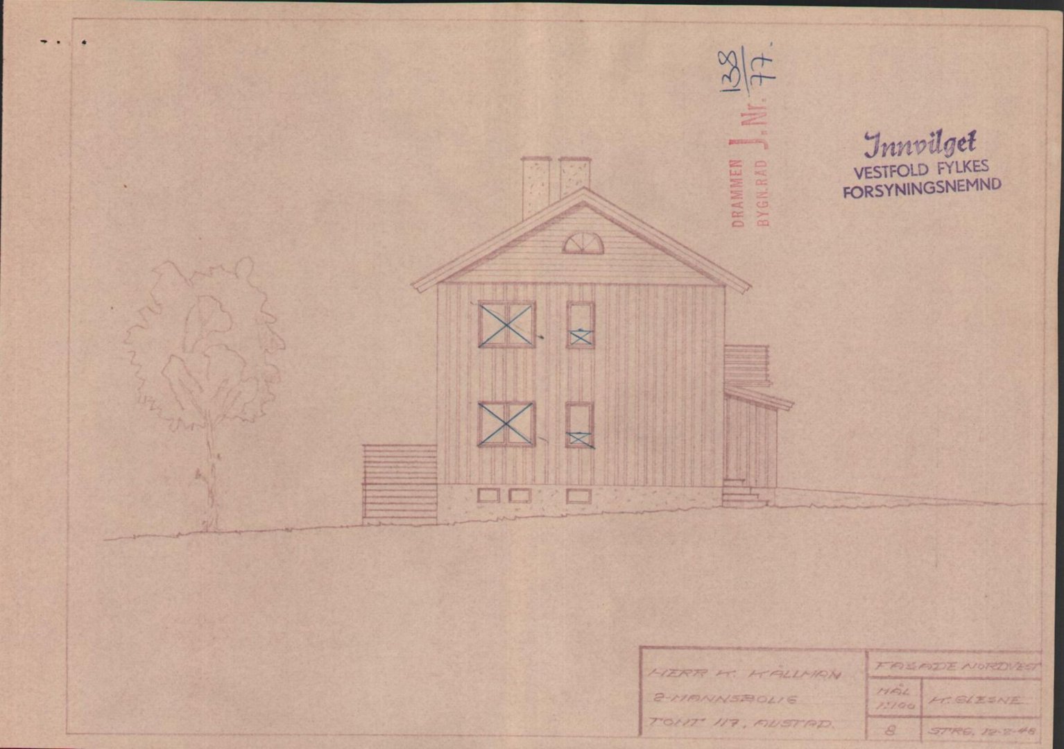 Fasadetegning av en toetasjes bygning sett fra siden, med en trærteikning til venstre.