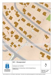 Situasjonskart som viser tomt, bygninger og veier i området.
