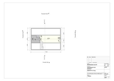 Etasjeplan (takplan) som viser romfordeling, mål og orientering av bygningen.