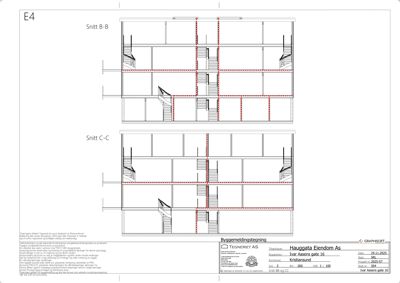 Byggetegning som viser snittegningene Snitt B-B og Snitt C-C av en bygning.