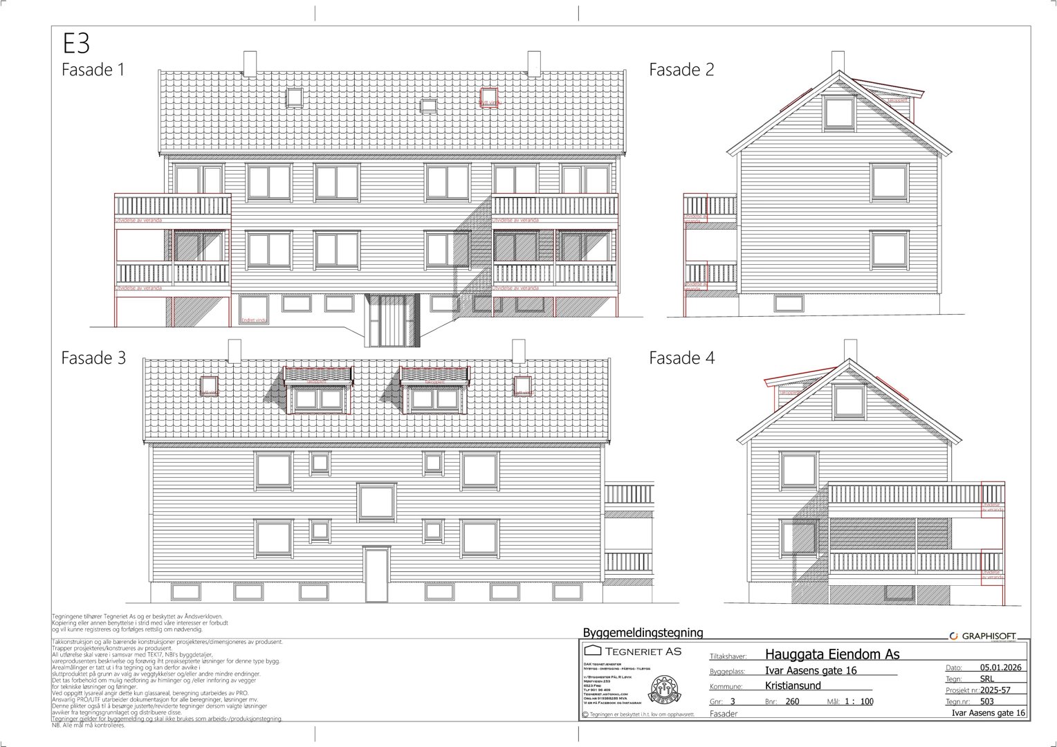 Fasadetegning som viser bygningens utseende fra fire ulike vinkler (Fasade 1-4).
