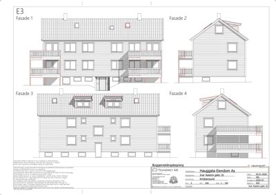 Fasadetegning som viser bygningens utseende fra fire ulike vinkler (Fasade 1-4).