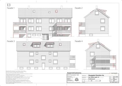 Fasadetegning som viser fire sider av en bygning (Fasade 1-4) med detaljer om vinduer, tak og balkonger.