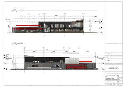Fasadetegning som viser bygningens utseende fra nord og sør, inkludert mål, vinduer og materialer.