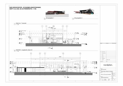 Byggemeldingstekning som viser snittegninger (A-A og B-B) og 3D-perspektiv av SKEI Servicenter.