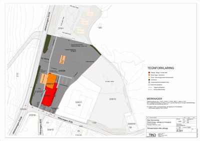 Situasjonsplan som viser tomtens beliggenhet, nabotomter, vegnett og arealbruk.