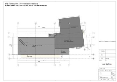 Takplan (takutsnitt) som viser eksisterende og påbygd takflate med mål og romoppdeling.