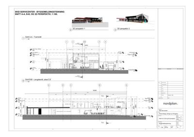 Byggemeldingstekning som viser snittegninger (A-A og B-B) og 3D-perspektiv av SKEI Servicenter.