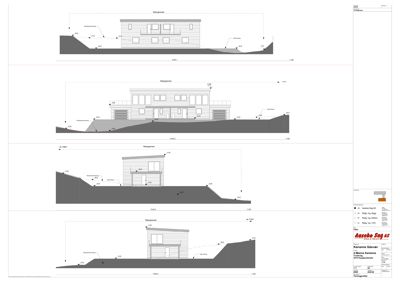 Bildet viser en serie med fasadetegninger (opprikk) for en bygning, som viser hvordan bygningen ser ut sett fra ulike vinkler i forhold til terrenget.
