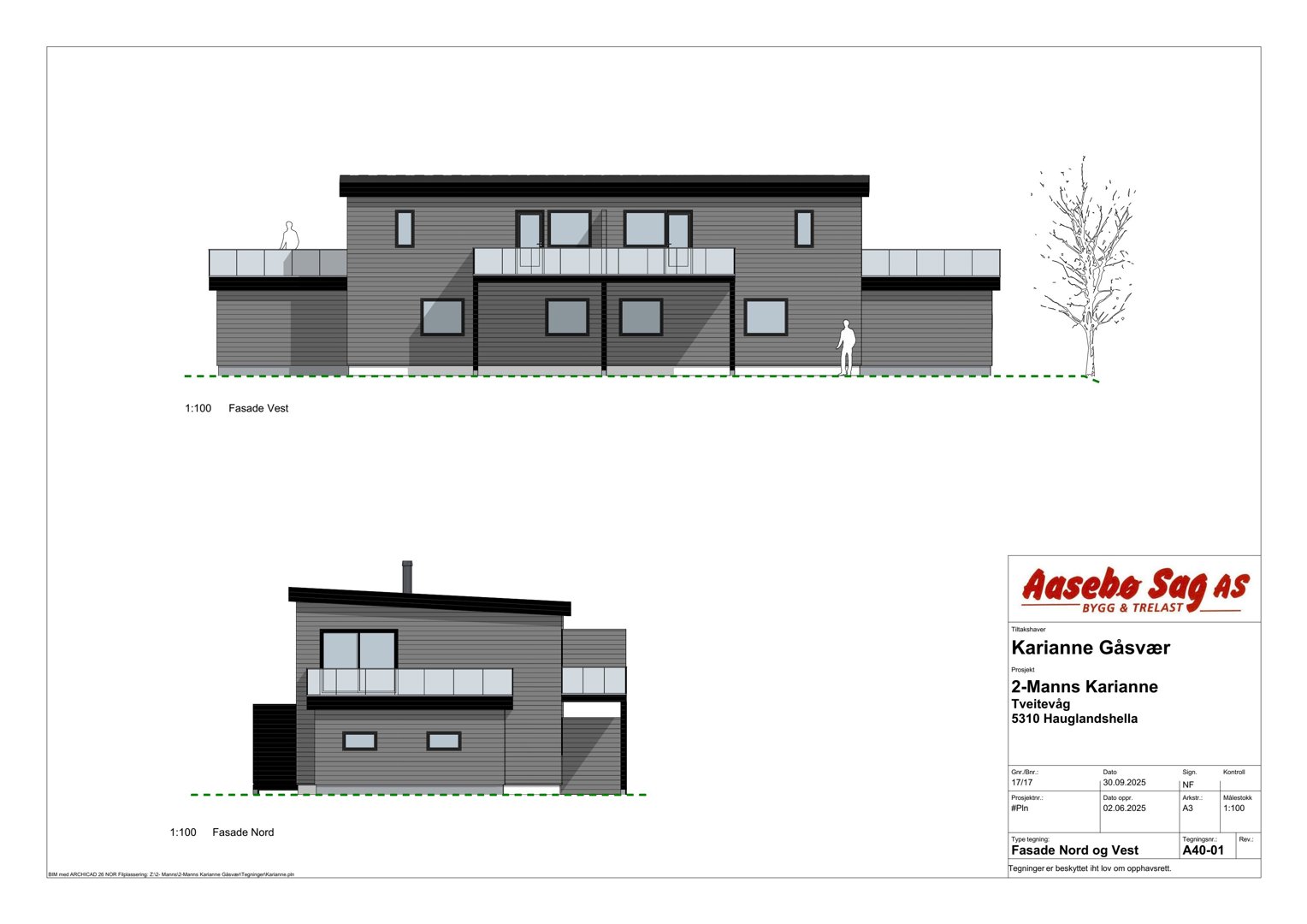 Fasadetegning som viser bygningens utseende sett fra nord og vest.