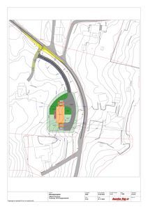 Situasjonsplan som viser tomtens beliggenhet i forhold til omgivelsene, inkludert konturlinjer, vei og nabobebyggelse.