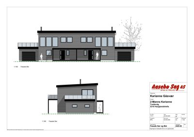 Fasadetegning som viser bygningens utseende fra øst og sør.