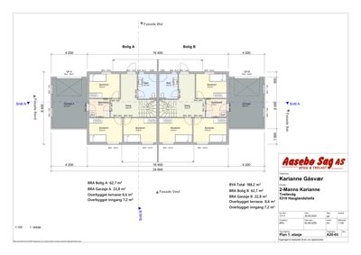 Etasjeplan (1. etasje) som viser romfordeling, mål og areal for en bolig med to boliger (A og B) og garasjer.